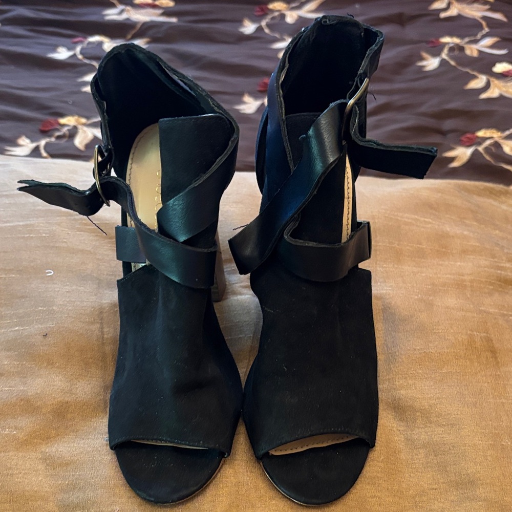 Shoe Dazzle Black Open-Toe Heeled Boots